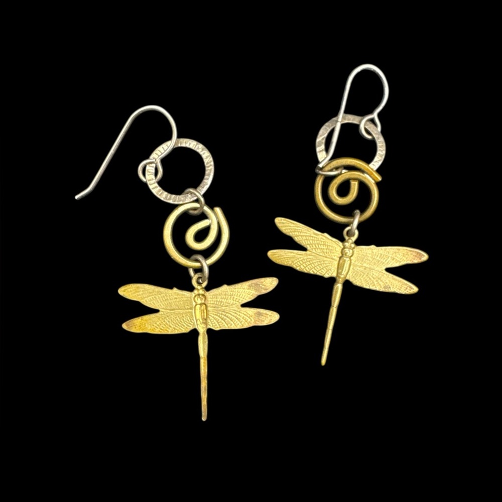 Vintage Artisan Copper Dragonfly Dangle Earrings 1 7/8”